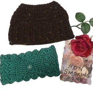 PONYTAIL TOBOGGAN BEANIE BROWN SPECKLED & GREEN HEADBAND HANDMADE